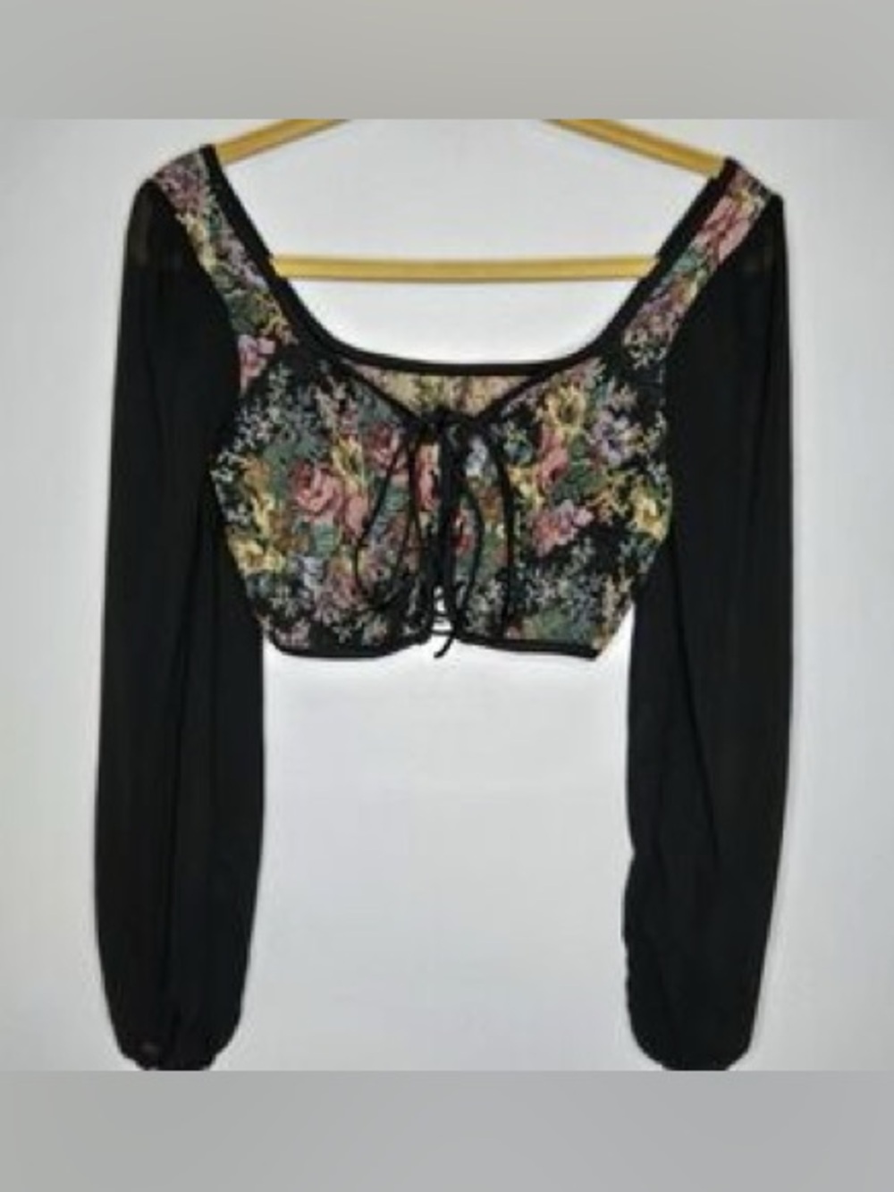 NWOT Cider Black Floral Tie-Front Long-Sleeve Crop Top sz:xs